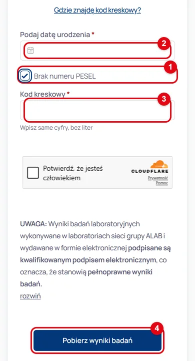 Форма отримання результатів ALAB із позначеними полями: 1 — немає номера PESEL, 2 — дата народження, 3 — штрихкод, 4 — кнопка завантаження результатів досліджень