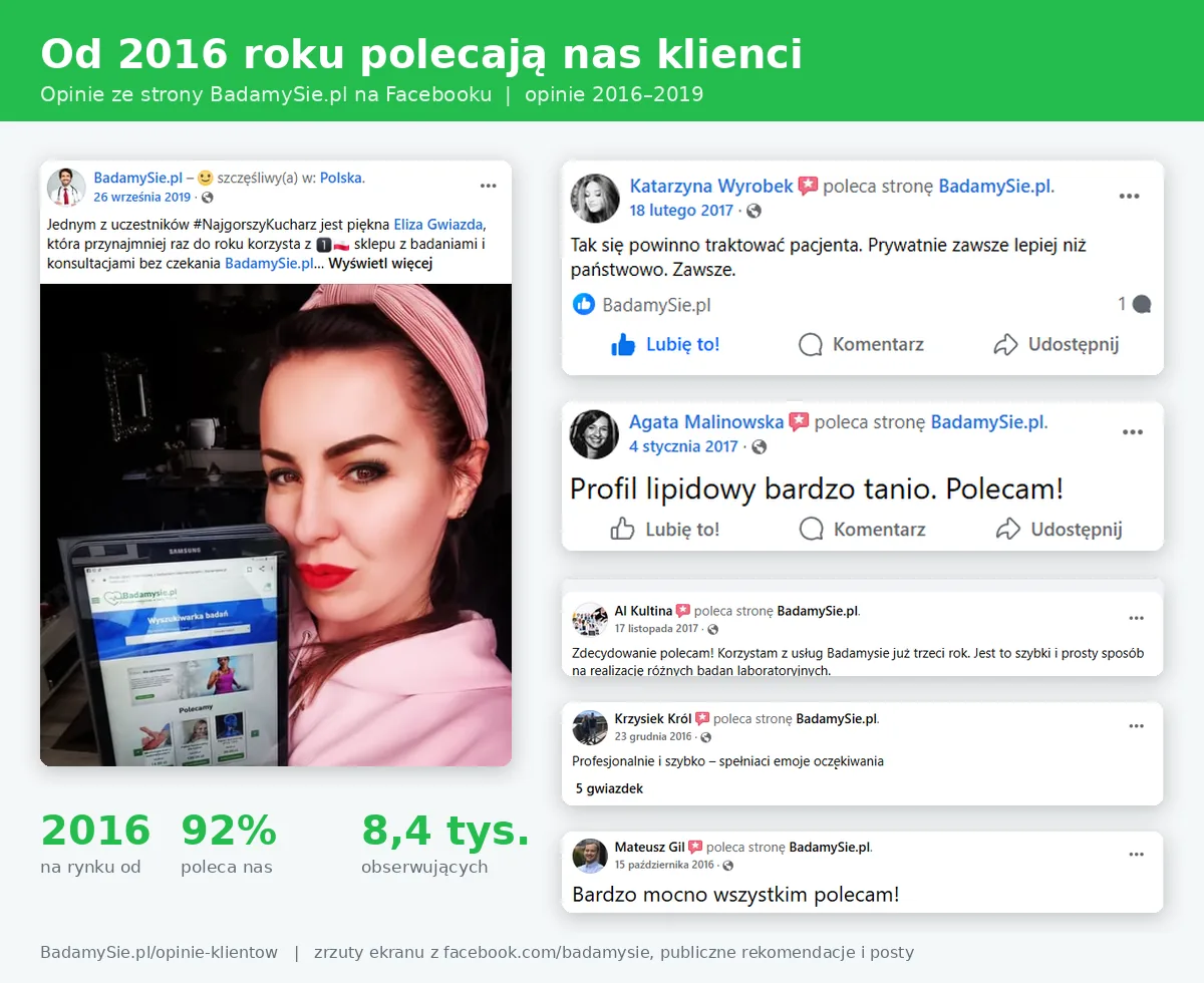 Opinie klientów BadamySie.pl z lat 2016–2019: rekomendacje z Facebooka (Katarzyna Wyrobek, Agata Malinowska, Al Kultina, Krzysiek Król, Mateusz Gil) i post Elizy Gwiazdy z 2019